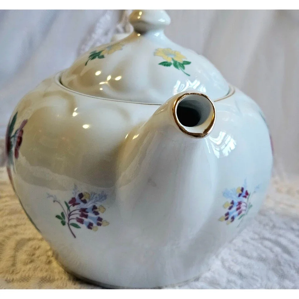 80's Laura Ashley Parfums Porcelain Lidded Teapot with Victorian Floral Pattern